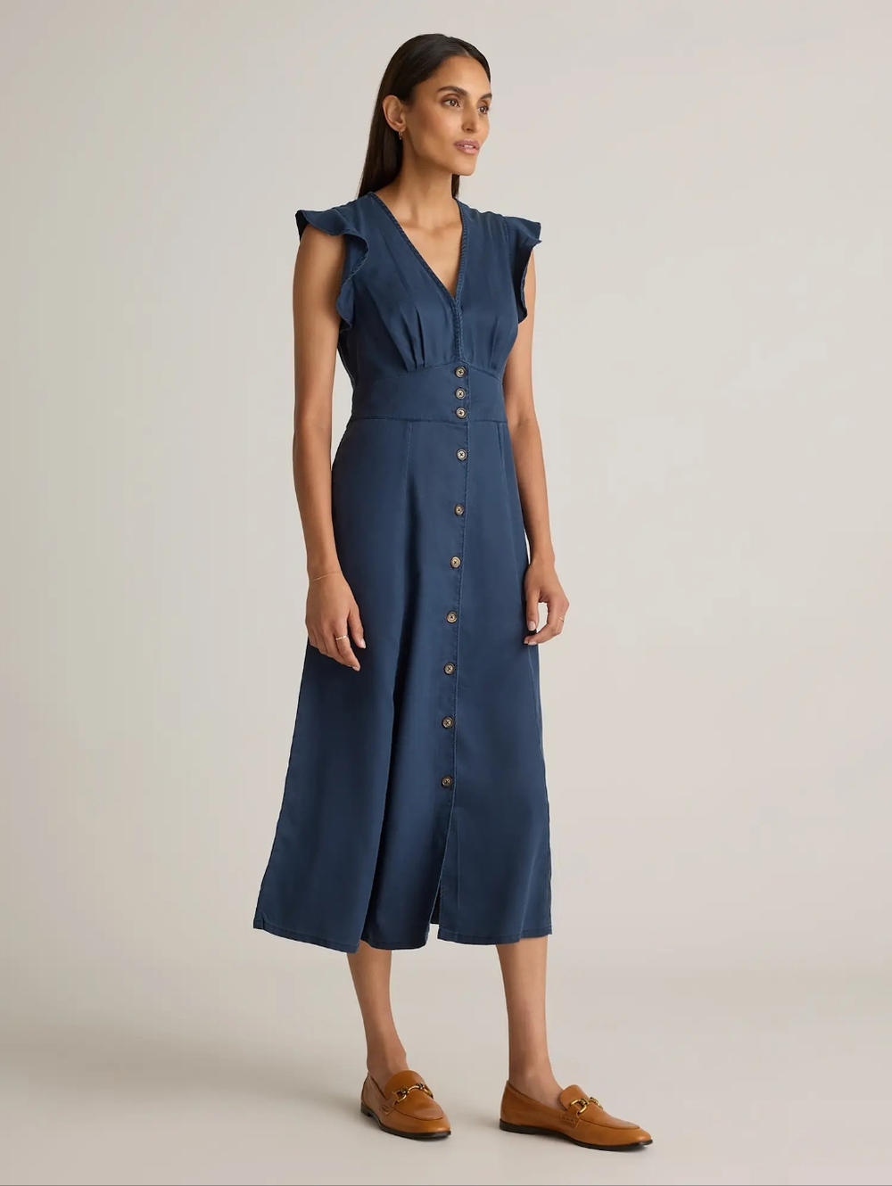 Quince Tensel Vintage Washed Button-Front Midi Dress Midnight Blue NWT
